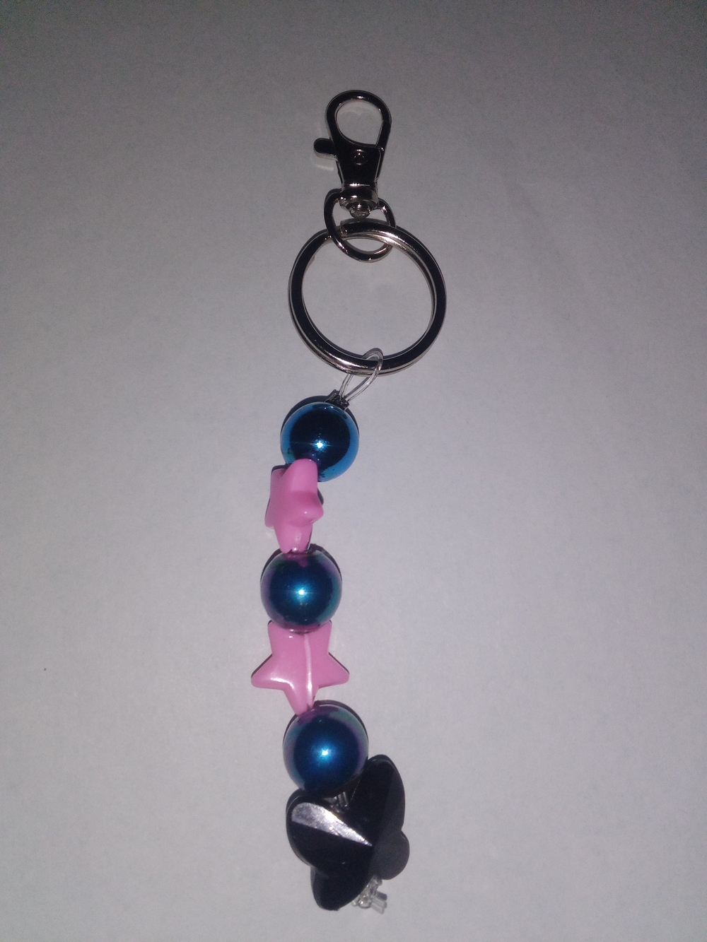 Pink Star & Blue Bead Keychain with Black Butterfly Charm